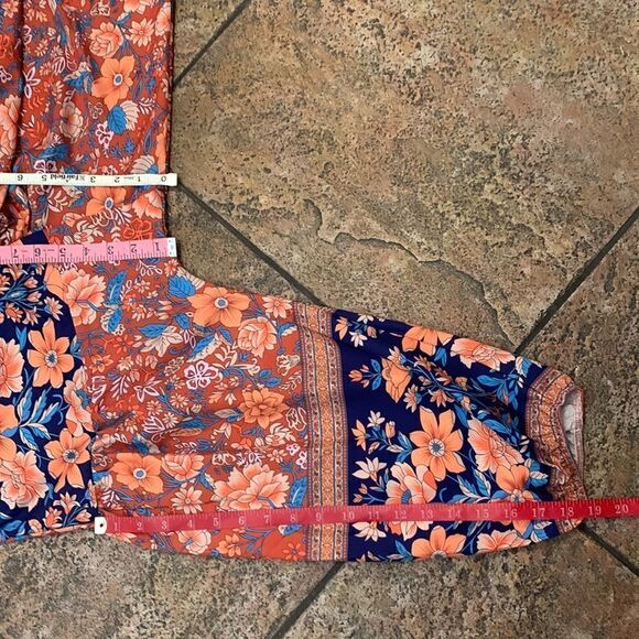 Made With ❤️ Dress Tunic Top V Neck 3/4 Sleeves Elastic Floral Orange Blue XXL - Picture 10 of 10